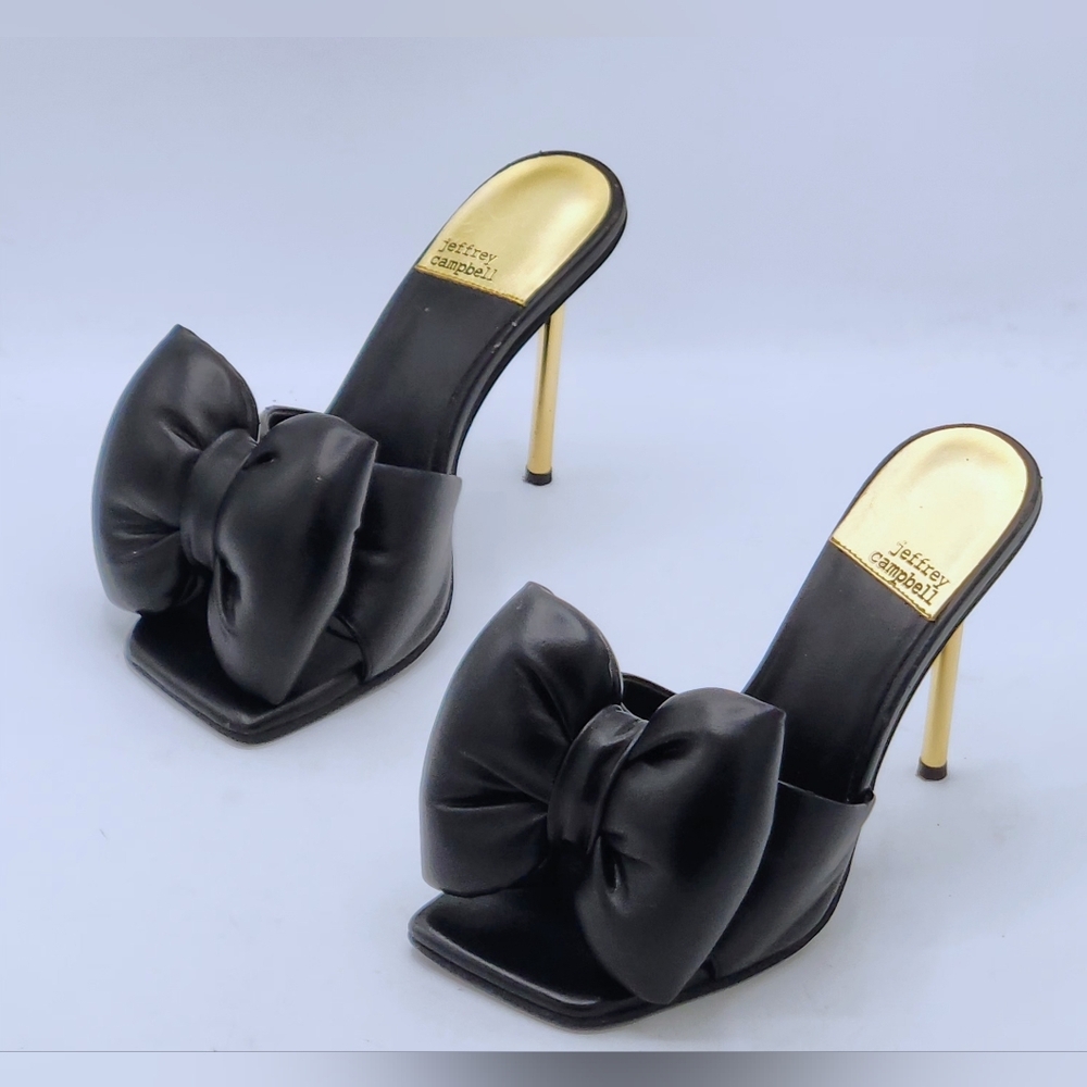 Jeffrey Campbell Bow-Down High Heel Slide Sandals In Black And Gold Size 7 - Picture 5 of 16